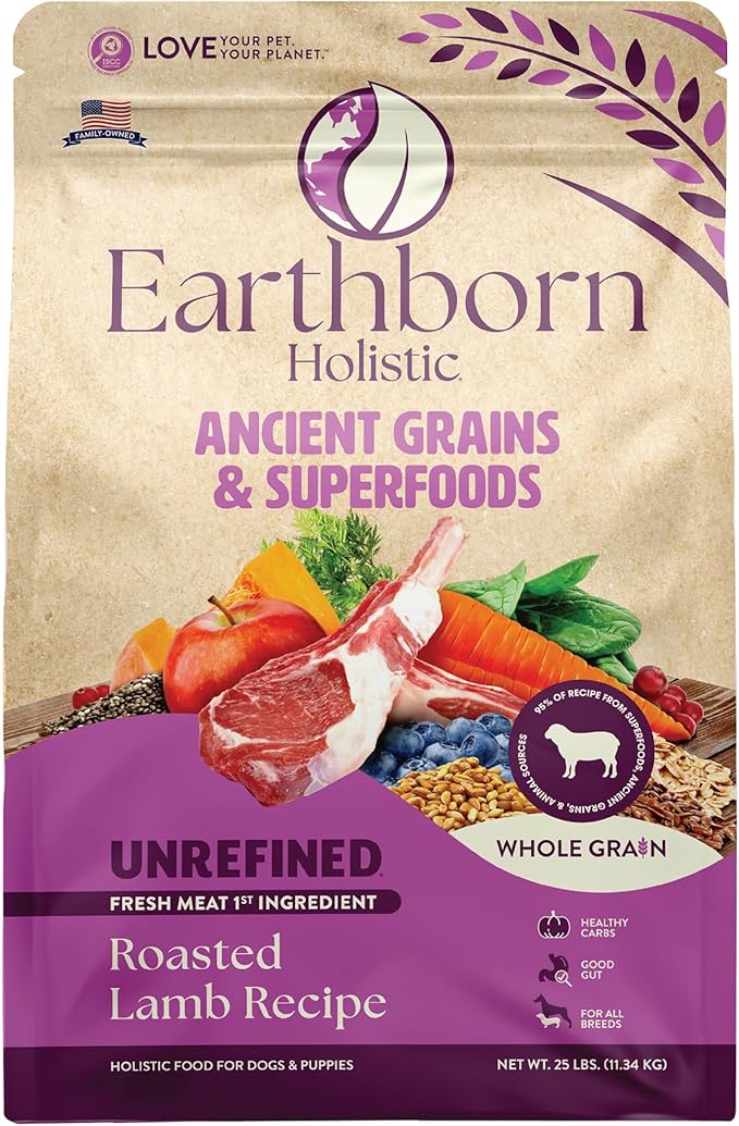 Earthborn Holistic Unrefined Roasted Lamb Dry Dog Food, Ancient Grains & Superfoods, Pea-Free Recipe, 25 lb Bag