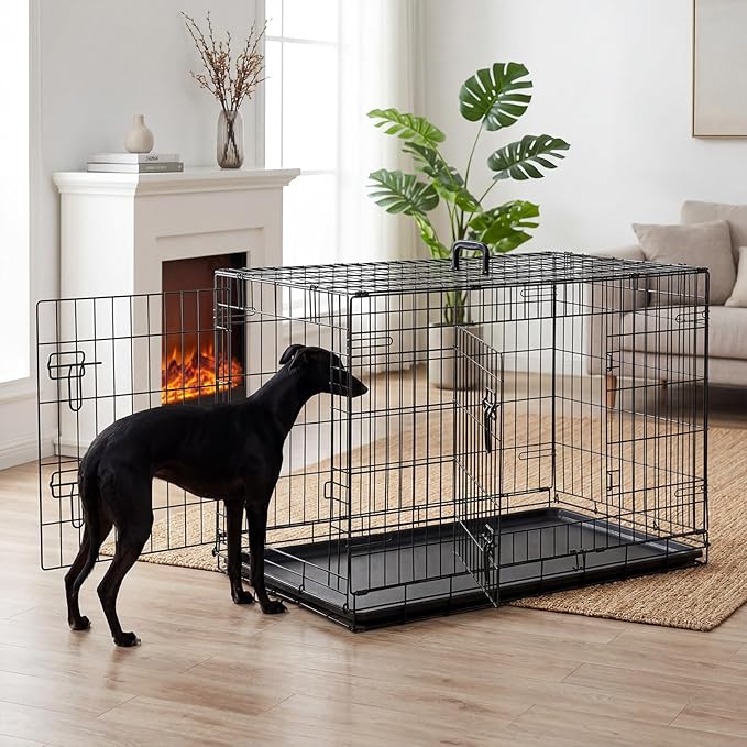 DUMOS Dog Crate, 36 Inch Medium Double Door Dog Cage with Plastic Leak-Proof Pan Tray, Folding Metal Wire Pet Kennel for Indoor, Outdoor, Travel, Black