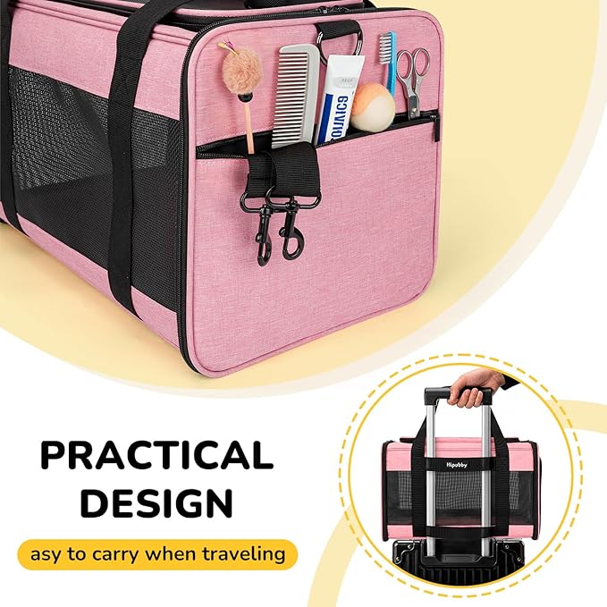 Hipubby Cat Carrier Dog Carrier for Pets Up to 16 Lbs, Soft-Sided Pet Travel Carrier for Cats and Small Dogs, Airline Approved Pet Carrying Case with Shoulder Strap & Removable Mat - Pink