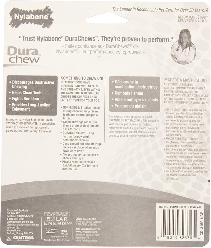 Nylabone Dura Chew Large Textured Ring Dog Chews, Chicken Flavor, Pack of 6