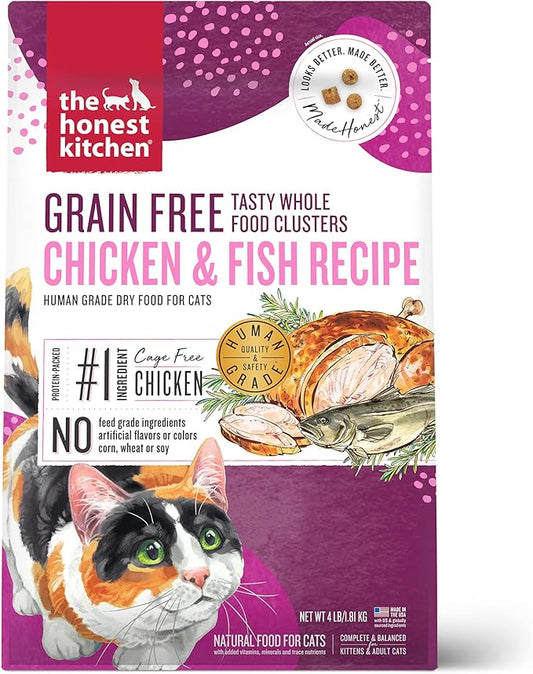 The Honest Kitchen Human Grade Dry Cat Food, Whole Food Clusters Grain Free Chicken & Fish Dry Cat Food, 4 lb Bag