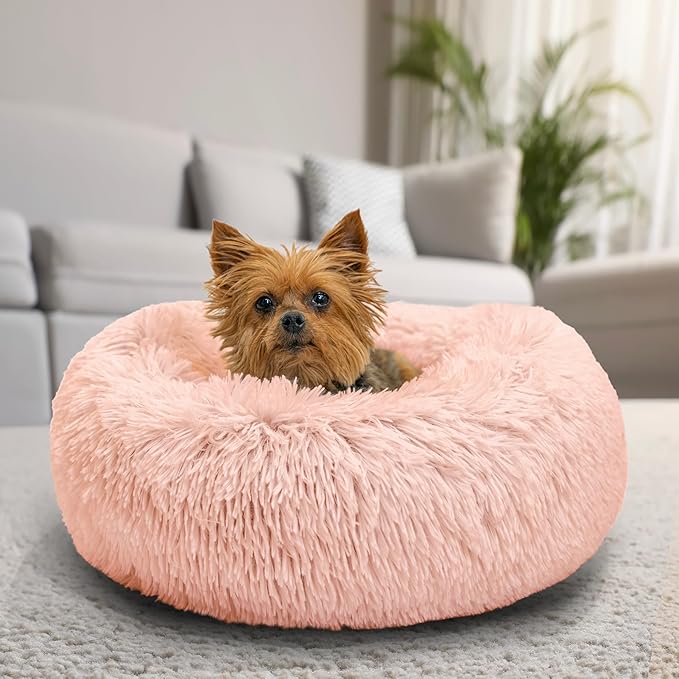 Best Friends by Sheri The Original Calming Donut Dog Bed for Extra-Small Dogs up to 10 lbs, Shag Faux Fur, Cotton Candy Pink, 18" x 18"