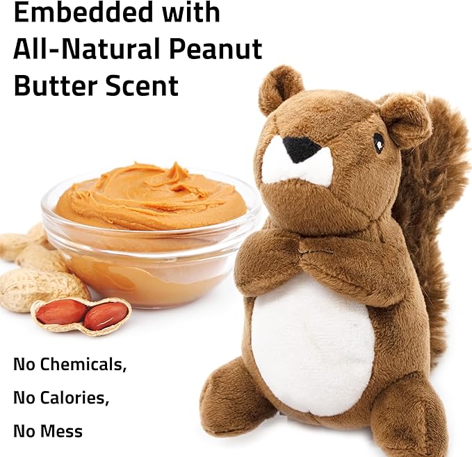 Playology Dog Toys | Plush Squirrel Stuffed Animal for Dogs | Peanut Butter Scented Small Squeaky Toy | Plush Chew Toy for Dogs