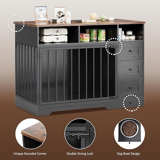 GarveeLife 48'' Dog Crate Furniture, Farmhouse Heavy Duty Dog Kennel with Bowl & Storage Drawers, Medium Dog Cage End Table for Small Medium Dogs, Black
