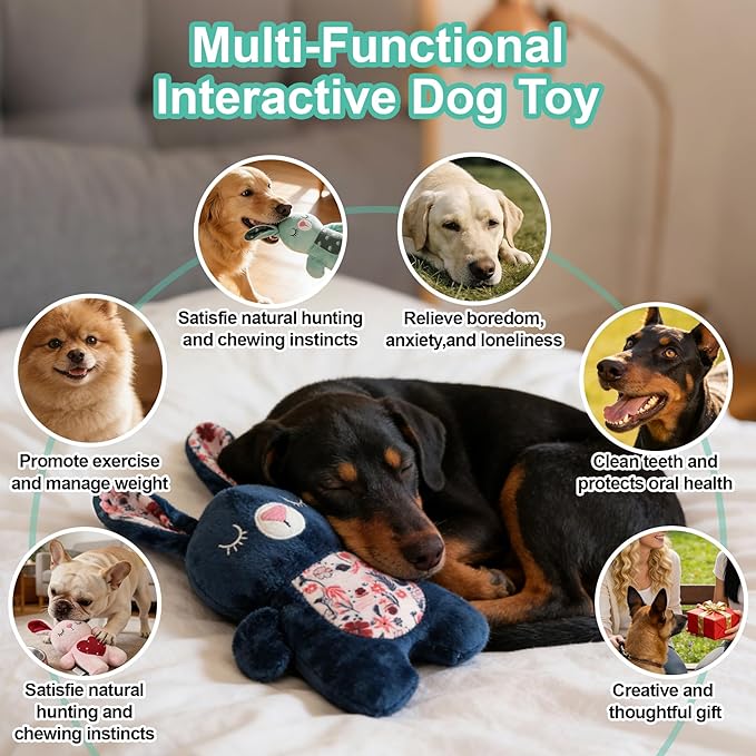 Green Bunny Plush Squeaky Dog Toy for Chewers Puppy Teething Chew Toy Cute Soft Funny Indoor Outdoor Interactive Rabbit Stuffed Animal Dog Toy for Small Medium Large Dogs Toy Gift 26cm/10.24in