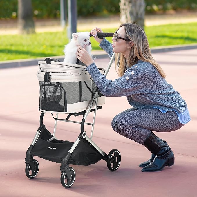 T4 PRO Pet Stroller for Small Medium Dogs, Cat Strollers for 2 Cats, 4 Wheels Folding Pet Stroller for Cats with Pad, Canopy and Cup Holder, Beige