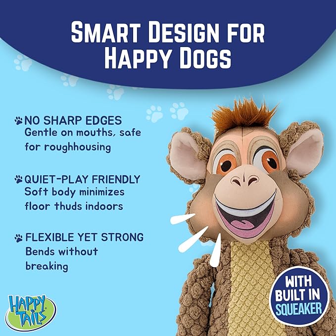 Happy Tails Monkey Dog Toy - Medium to Large Dogs, Durable Polyester, Squeaky, Reinforced Stitching, Interactive Play and Chewing