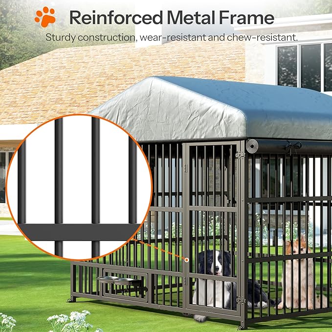 HOOBRO Dog Kennel Outdoor with Cover, 6.6 x 6.6 x 6.4 ft Dog Kennel Outside with Waterproof Roof and Rotating Feeding Bowls, Heavy-Duty Large Cage Enclosure, for Medium & Large Dogs, Black BK220GW03