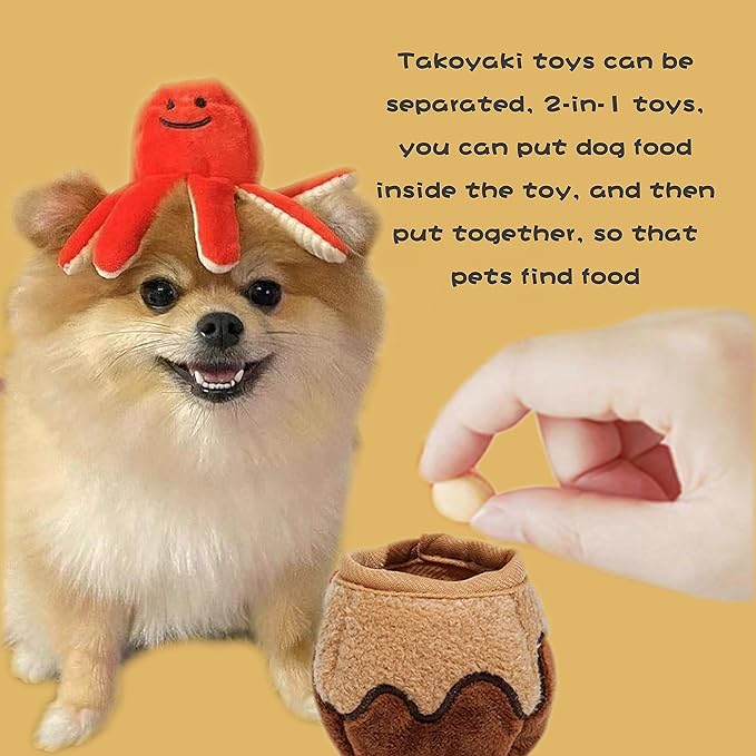 Foodie Japan Takoyaki Hide and Seek Interactive Squeak Octopus Plush Toys for Dogs for Aggressive Chewers - Perfect Puzzle and Foraging Plush Toy for Small Medium Dogs Cats(2in1)