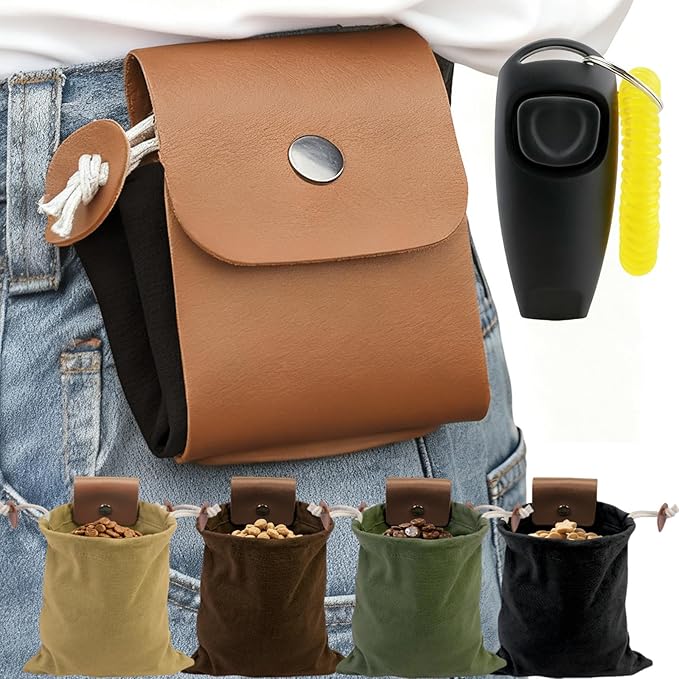 Dog Treat Pouch with Training Clicker & Whistle - Stylish & Portable Large-Capacity Foldable Pet Training Pouch with Wlastic Belt for Outdoor Use/Pet Training (Black)
