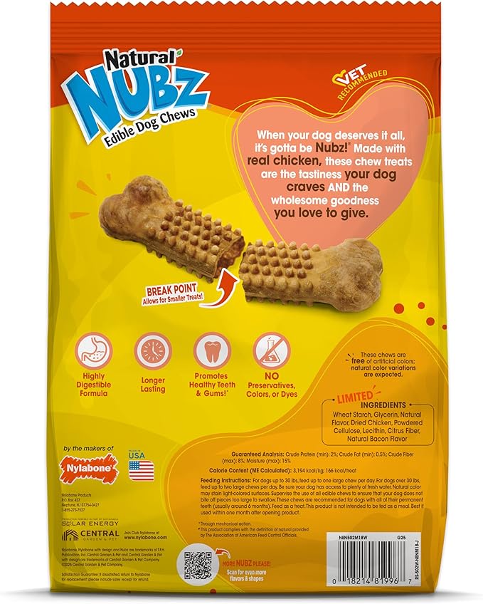 Nylabone Nubz Natural Dog Chew Treats for Large Dogs, Long Lasting Dog Chew Bones Made in the USA, Chicken Flavor Breath Freshener Dental Chews, Large Dog Bones For Dogs Over 30 lbs. (18 Count)