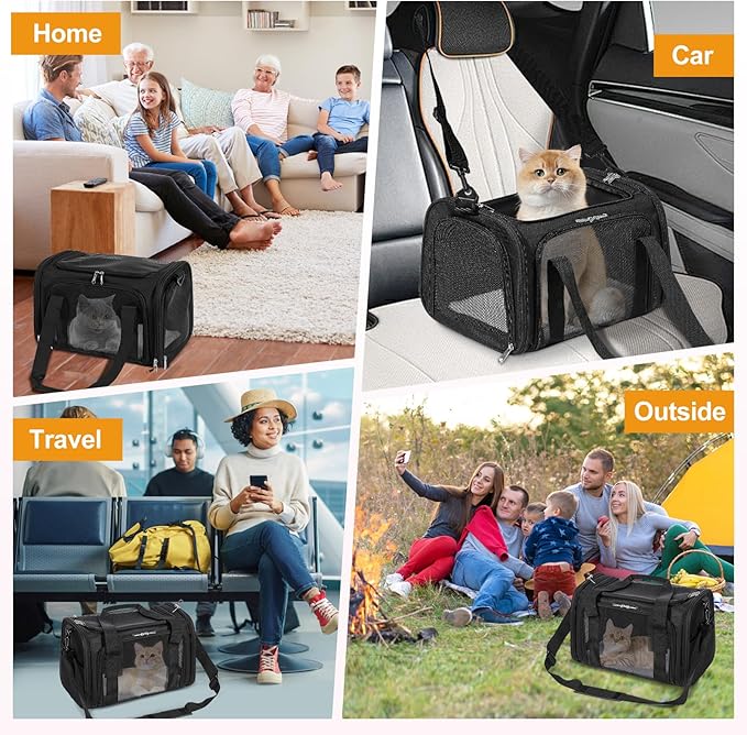 Discala Cat Dog Carrier Up to 15 Lbs TSA Airline Approved Pet Carrier for Small Medium Cats Puppies Dog Carriers for Small Dogs Collapsible Soft Sided Cat Travel Carrier - Black 17"x11"x11"