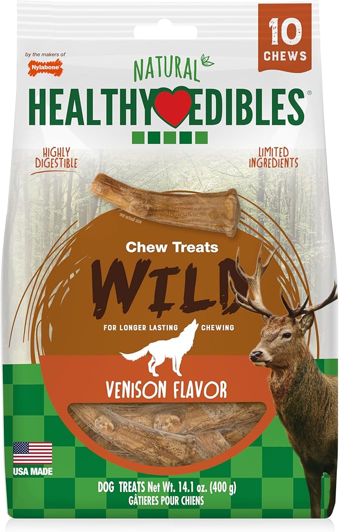 Nylabone Healthy Edibles WILD Natural Dog Chew Treats for Large Dogs, Long Lasting Dog Healthy Chew Antler Bone Made in USA, Venison Flavor, For Dogs Up to 50 lbs. (10 Count)