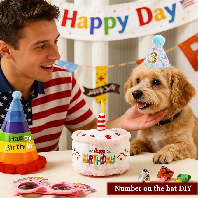 Dog Birthday Toy Pup Cake Puppy Plush Squeak and Crinkle Gift for Small Medium Pet (White)