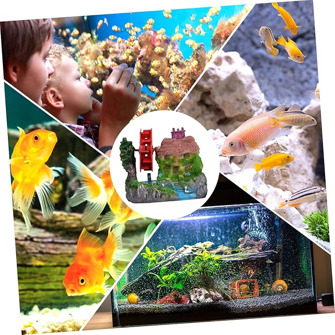 Aquarium Landscape Stone House with Water Wheel Model Unique Fish Tank Decoration for Goldfish and Aquatic Pets Decor for Aquarium Environments
