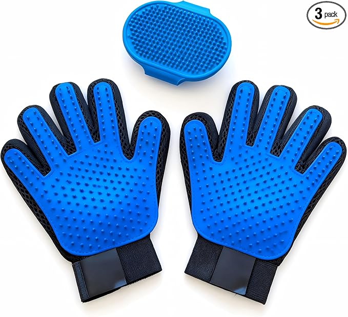 Cat & Dog Grooming Gloves – 1 Pair Deshedding Tool with Pet Massage Bath Brush, Gentle Hair Remover & Massage Mittens, Suitable for All Fur Types (Blue)