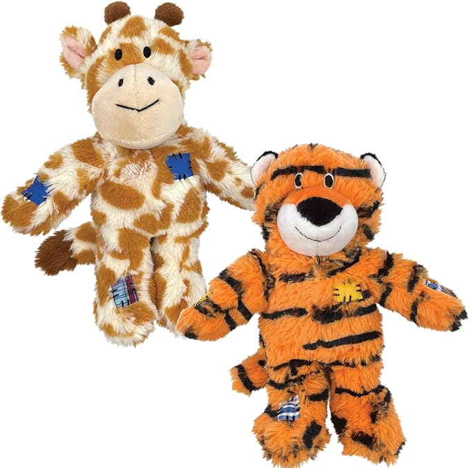 KONG Wild Knots Dog Toys – 2 Pack – Durable Plush Dog Toy with Internal Knotted Rope & Squeaker (Tiger/Giraffe, Small/Medium)