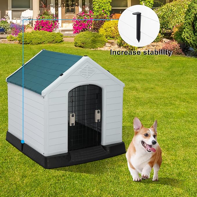 Bonnlo Plastic Dog House, Pet Dog Kennel Water Resistant for Small Medium Sized Dogs with Door, Indoor & Outdoor Use (28" H)