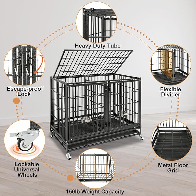 Homey Pet 43 Inch Two Tiers Dog Crate Cage Kennel with Divider, Stackable Heavy Duty Dog Crate for Large Dogs, Escape Proof Indestructible Dog Kennel Indoor with Removable Tray, Lockable Wheels