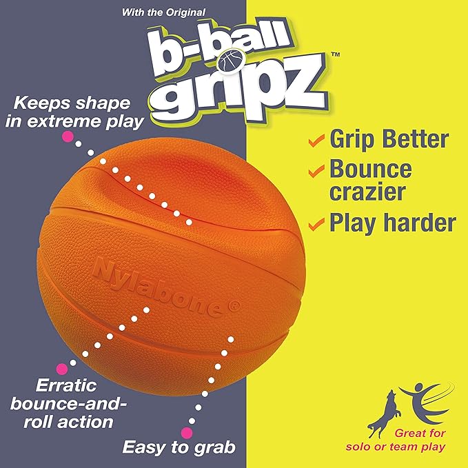 Nylabone Power Play Gripz Felt Basketball Rubber Fetch Toy, Squeaky Ball for Dogs, Medium (1 Count) (Pack of 2)