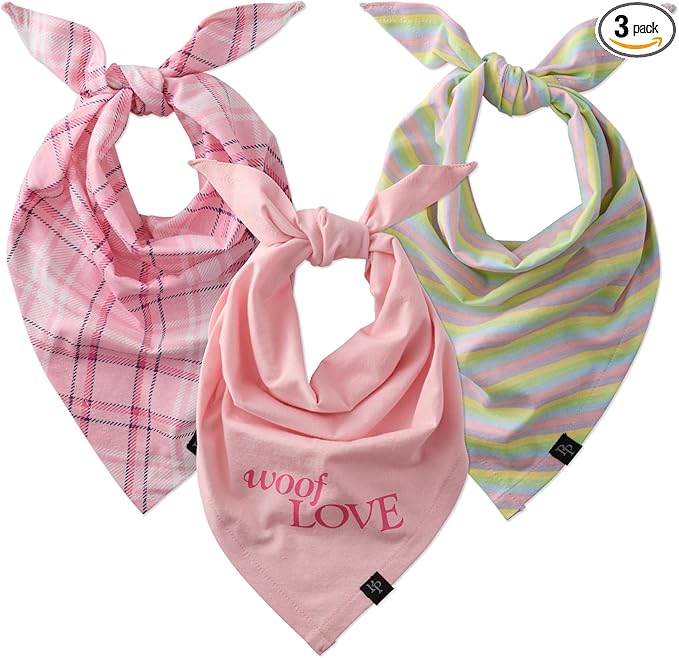 Pet Passion Bandit - THE PET Bandana 100% Organic Cotton Pet Bandanas Clothes for Small, Medium, Large Dogs, 3-Pack Pink Preppy Plaid, Medium/X-Large