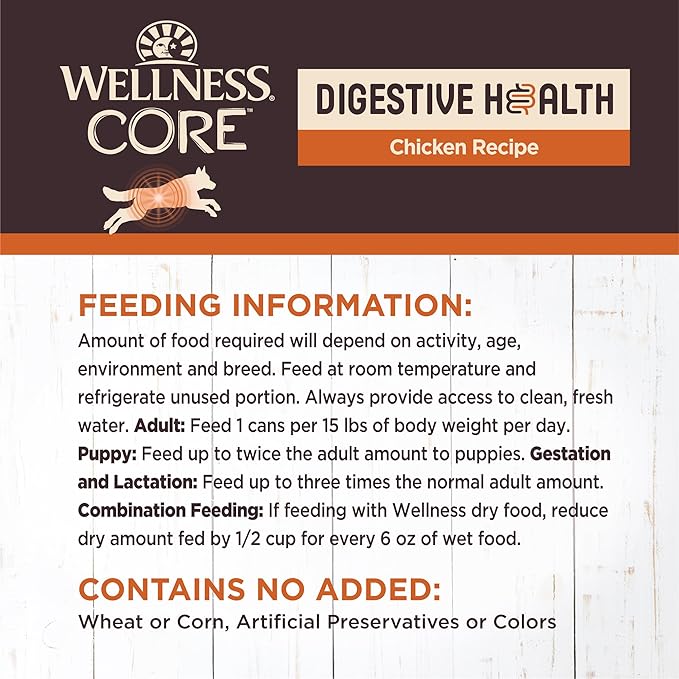 Wellness CORE Digestive Health Pate Adult Canned Wet Dog Food, Grain Free, Sensitive Stomach, Natural, Chicken Recipe, 13 oz, Pack of 12 Cans