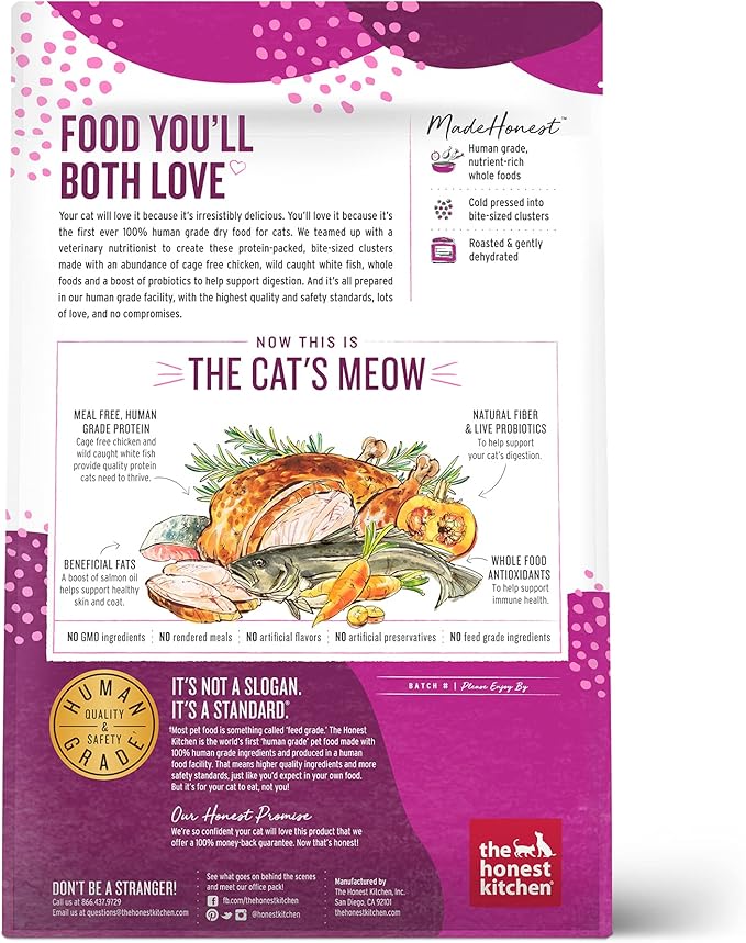 The Honest Kitchen Human Grade Dry Cat Food, Whole Food Clusters Grain Free Chicken & Fish Dry Cat Food, 4 lb Bag