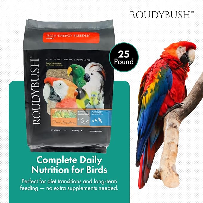 Roudybush High Energy Breeder Food for Breeding & Weaning Birds - Scientifically Formulated Bird Feed - Bird Food Pellets w/ Corn, Wheat, Soy - Nutritious & Healthy Feed for Birds (Crumble, 25lb)