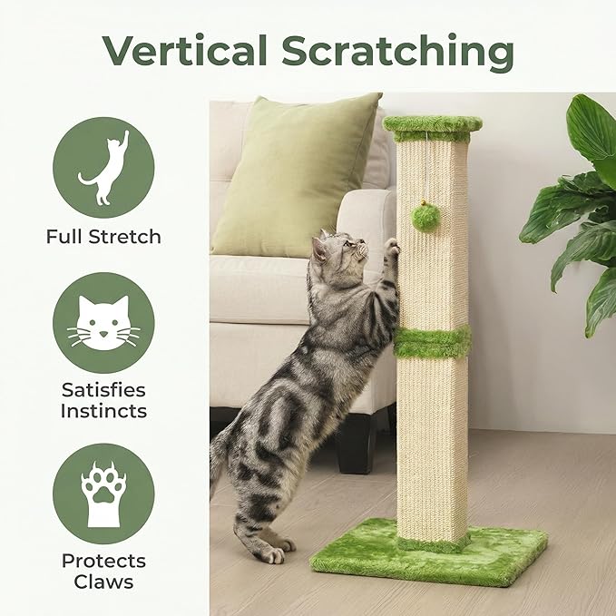 Fansafurn Tall Cat Scratching Post, 32'' Heavy Duty and Thick Scratching Post, Scratching Post for Adult Cats, Thick Sisal Rope with Hanging Ball, Green