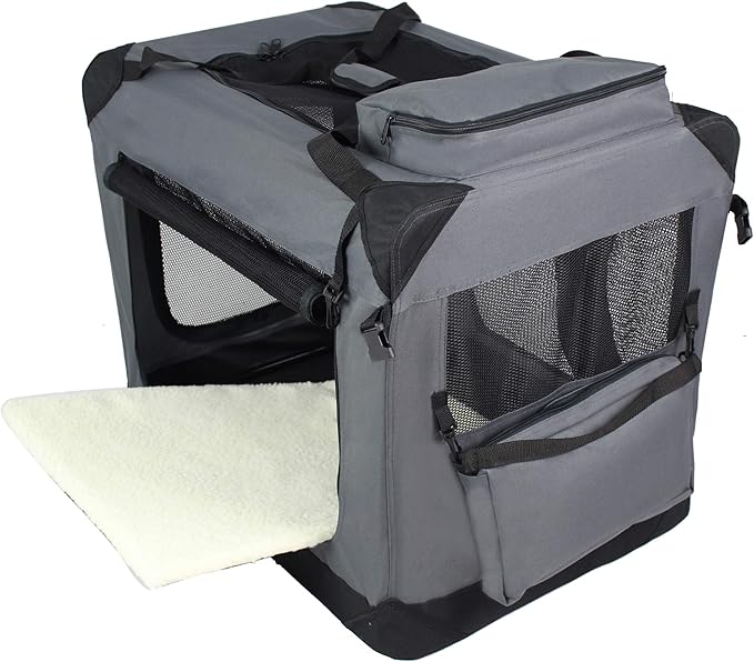 EliteField 3-Door Folding Soft Dog Crate with Carrying Bag and Fleece Bed (2 Year Warranty), Indoor & Outdoor Pet Home (20" L x 14" W x 14" H, Gray)