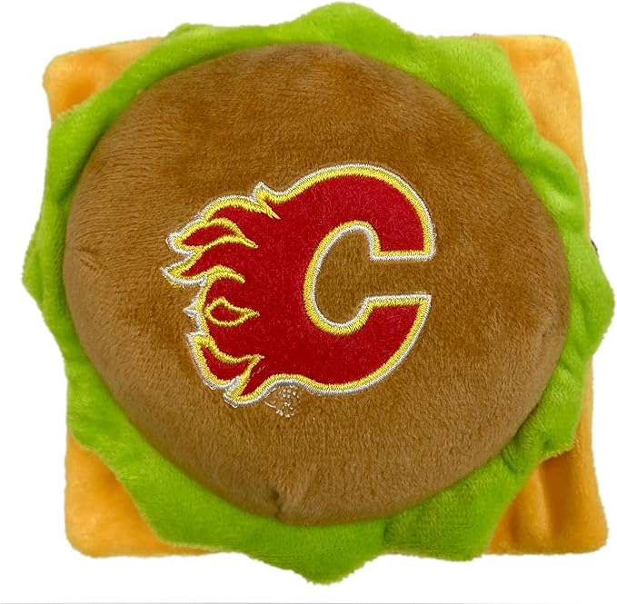 Pets First NHL Calgary Flames Crinkle Fine Plush Dog & Cat Squeak Toy - Cutest STADIUM HAMBURGER Plush Toy for Dogs & Cats with INNER SQUEAKER & Beautiful Hockey Team Name/Logo