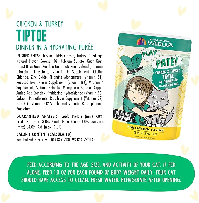 B.F.F. PLAY - Best Feline Friend Paté Lovers, Aw Yeah!, Chicken & Turkey Tiptoe with Chicken & Turkey, 3oz Pouch (Pack of 12)