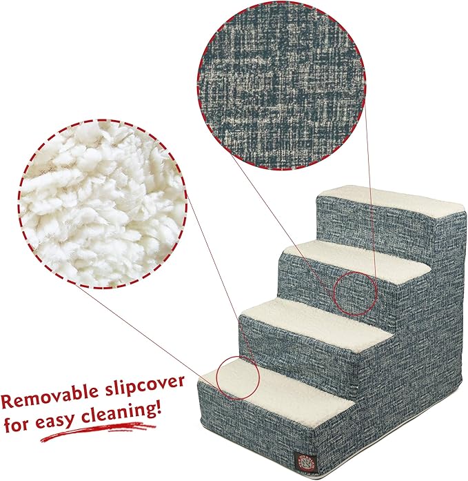 Majestic Pet 4 Step Portable Dog Stairs for Small Dogs to get on Bed Supports 25 lbs or Less –Dog Steps for High Bed with Machine Washable Cover –Pet Stairs for Cats Palette Heathered Navy Blue Denim