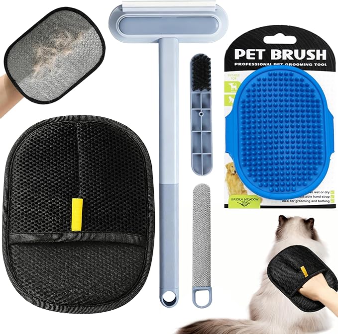 Pet Hair Remover 3-in-1 Kit: 24" 4-in-1 Multifunctional Deshedding Brush, Grooming Glove & Silicone Brush for Effective Dog Cat Hair Removal on Furniture, Car, Window Screen
