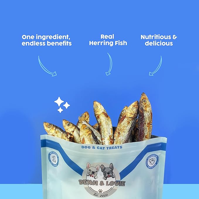 Benji & Louie Air Dried Herring Fish for Dogs and Cats - Natural Healthy Dog and Cat Treats, Single Ingredient, 3 oz