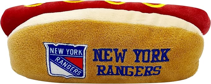 Pets First NHL New York Rangers HOT Dog Plush Dog & CAT Squeak Toy - Cutest HOT-Dog Snack Plush Toy for Dogs & Cats with Inner Squeaker & Beautiful Hockey Team Name/Logo 8 x 5 x 3 Inches