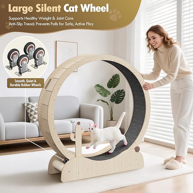 JungleA Large Cat Exercise Wheel 47 Inch - Spacious Cat Wheel with Detachable Teaser and Scratching Post for Indoor Cats, Featuring Safety Lock & Low Noise Design for Most Cats