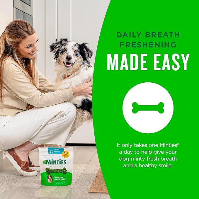 Minties Dental Chews for Dogs, 8 Count, Vet-Recommended Mint-Flavored Dental Dog Treats for Medium Sizes 25-50 lbs, Bones Clean Teeth, Fight Bad Breath, and Removes Plaque and Tartar