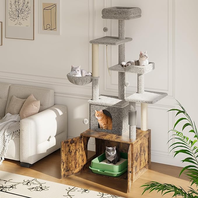 Litter Box Enclosure with Cat Tree, 2 in-1 Modern Cat Tower, Hidden Washroom Furniture, Wood Cat Condo with Scratching Post and Hammock, Indoor Pet Furniture with Multiple Platform, Rustic Brown