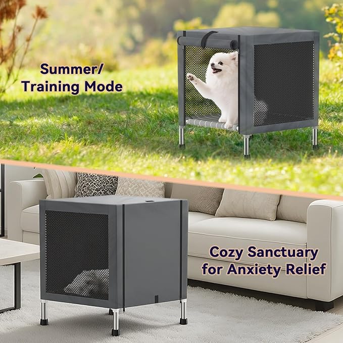 Small Stainless Steel Elevated Dog Crate with Cover, 2-in-1 Indoor & Outdoor Raised Pet House, Rust-Proof Dog Kennel with Silicone Anti-Slip Feet, Tool-Free Assembly