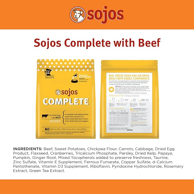 Sojos Complete Freeze Dried Raw Adult Dry Dog Food, Grain Free, Natural, Beef Recipe, 7 lb Bag