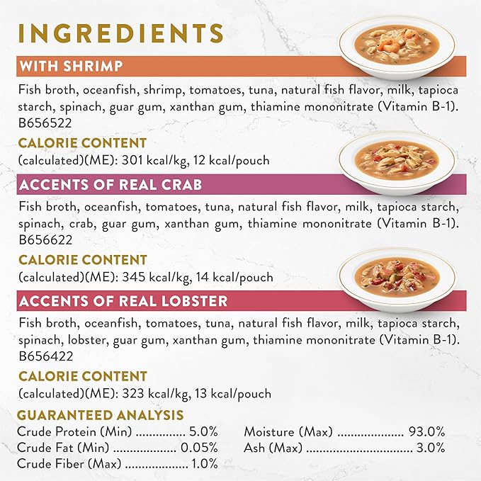 Purina Fancy Feast Broth Seafood Bisque Complement Variety Pack Gourmet Grain-Free Lickable Cat Food Topper, Pack of 12, 1.4 oz. Pouches