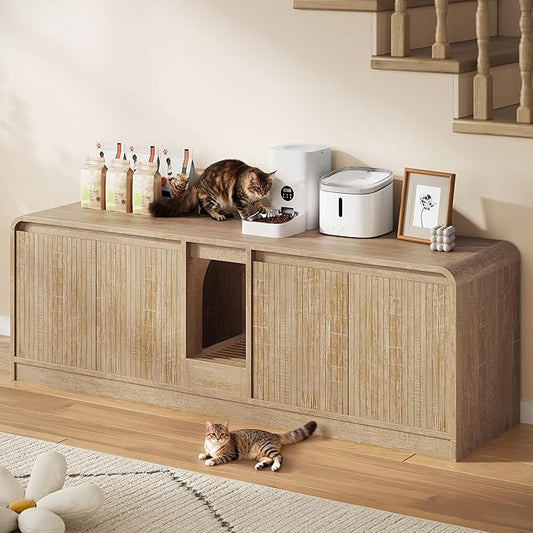 Cat Litter Box Enclosure with Litter Collector, 59'' Double Litter Box Enclosure for 2 Cats, Hidden Litter Box Furniture for Indoor Cats Large Adult, Cat House, Side Table, TV Stand, Natural