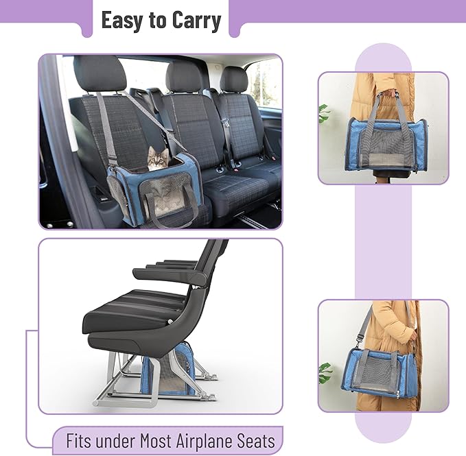 Mr. Pen- Pet Carrier, 17.5" x 11.2" x 11.5", Medium Size, Blue, Portable Travel Carrier for Small Pets, Cats & Small Dogs, Breathable Mesh, Safety Inner Leash, Side Pocket & Padded Shoulder Strap