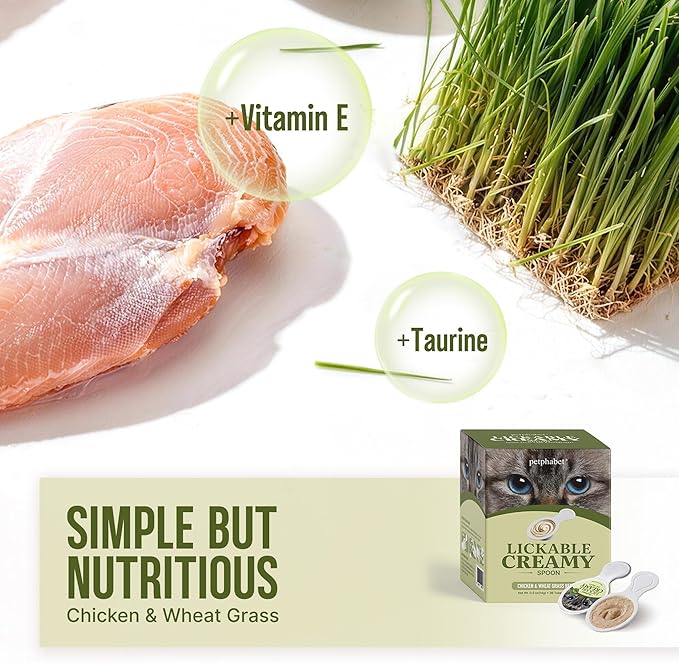 Petphabet Lickable Cat Treats Spoon, 36 Count Creamy Puree Kitten Treats Chicken & Wheat Grass Recipe, Functional Wet Paste Cat Snacks for Hairball Control, Grain-Free Kitty Treat with Vitamin Taurine