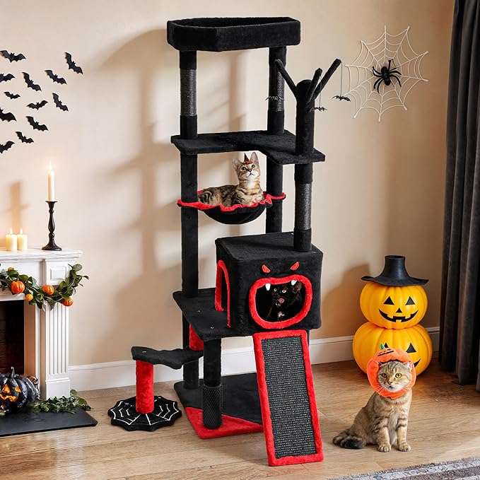 DWVO Gothic Halloween Cat Tree: 60in Tall Tower with Coffin Bed, Top Perch, Spacious Condos, Spider Playthings, Comfy Basket & Scratching Ladder for Indoor Large Cats Kittens, Black & Red