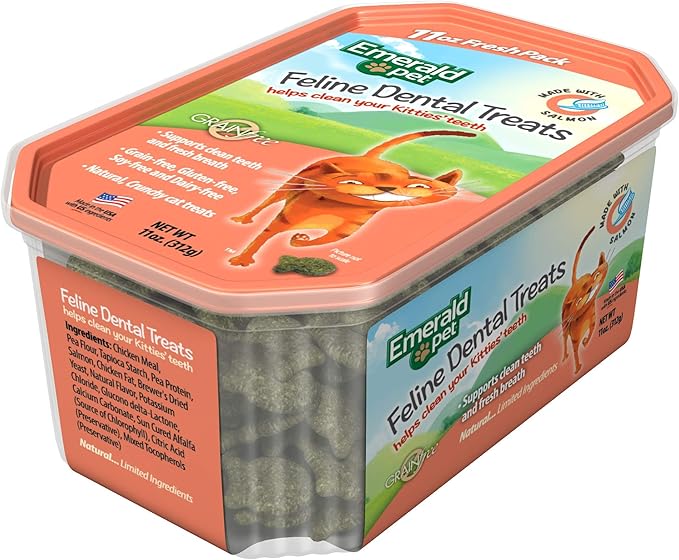 Emerald Pet Grain-Free Cat Dental Treats with Salmon – Crunchy Natural Dental Treats for Cats to Clean Teeth, Freshen Breath, and Reduce Plaque & Tartar – 11 oz Tub