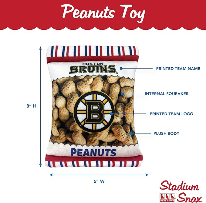 Pets First NHL Boston Bruins Crinkle Fine Plush Dog & Cat Squeak Toy - Cutest Stadium Peanuts Snack Plush Toy for Dogs & Cats with Inner Squeaker and Beautiful Hockey Team Name/Logo