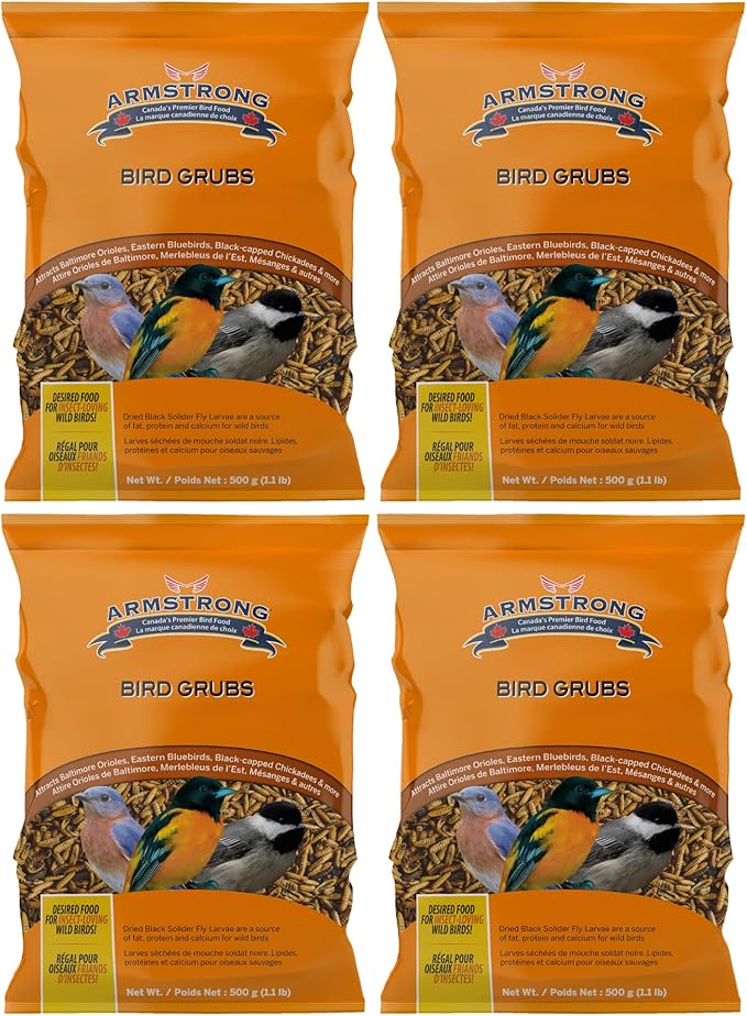 Armstrong Bird Grub Dried Black Soldier Fly Larvae, 1.1lbs (Pack of 4) - Total 4.4lbs - High-Calcium, Natural Mealworm Alternative for Orioles, Bluebirds, & Chickadees - Ideal for Outdoor Feeders