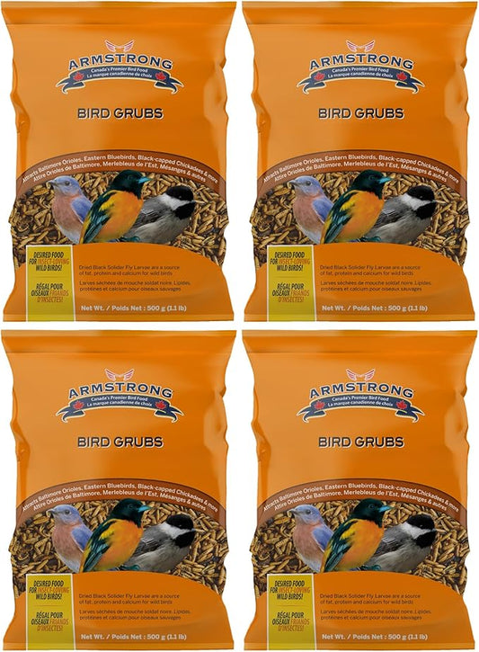 Armstrong Bird Grub Dried Black Soldier Fly Larvae, 1.1lbs (Pack of 4) - Total 4.4lbs - High-Calcium, Natural Mealworm Alternative for Orioles, Bluebirds, & Chickadees - Ideal for Outdoor Feeders